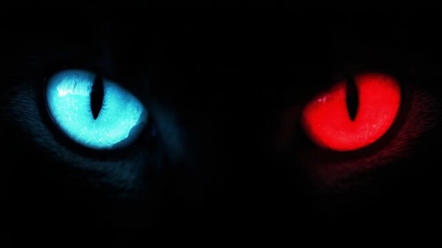 Glowing blue and red cat eyes in the dark