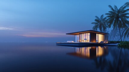 Obraz premium A serene modern house on stilts by the water, surrounded by palm trees at twilight