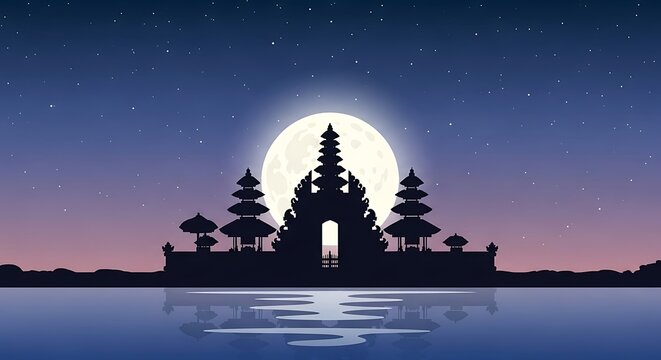 Silhouette of Balinese Gate Candi Bentar with Full Moon Night Background
