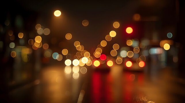 Softly blurred bokeh lights capture the vibrant warm atmosphere of a modern city street at night