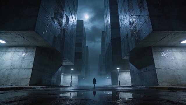Rainy dystopian city alley with lone figure &mdash; cinematic background for films, games, and presentations