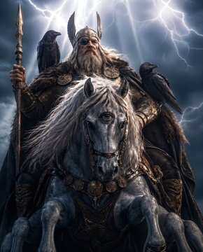 	
The great Nordic one-eyed god Odin with his ravens Huginn&Muninn. Sleipnir. God of wisdom, healing, death, battle and knowledge. Ancient Norse mythology. Scandinavian. Germanic paganism. Generative 