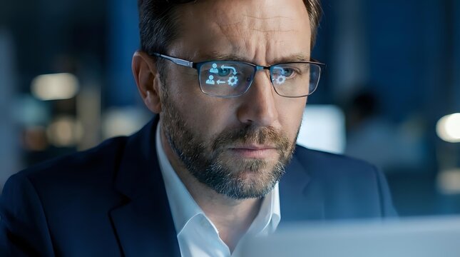 Professional businessman with glasses analyzing data on laptop screen in modern office environment with blue lighting and focused concentration.