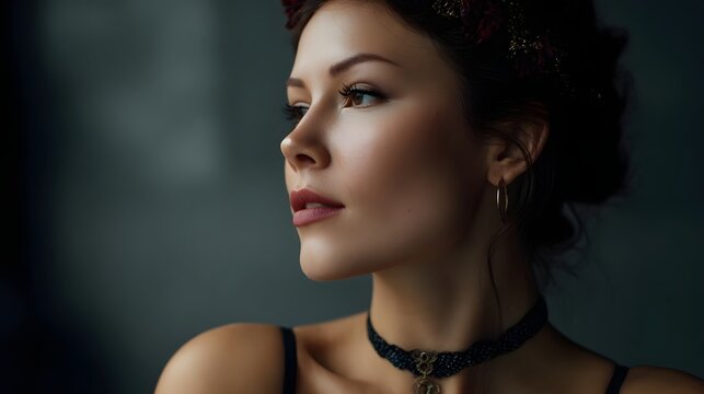 Cinematic profile portrait of a woman set against a dark background emphasizing deep tones and elegant styling