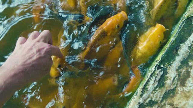 A tourist is feeding a numerous group of golden and black Koi fish in a pond. The abundance of fish makes the water look boiling
