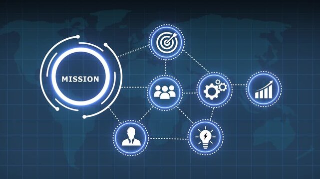 A luminous circular diagram representing mission with interconnected icons for goals people gears lightbulb growth and a person in a suit against a dark blue world map grid background