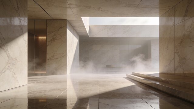 Sunlit marble interior with steps and mist &mdash; minimalist architectural backdrop for product displays