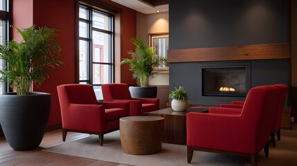 Fototapeta premium A sophisticated modern living space featuring plush red seating warm wooden accents and natural greenery for a cozy ambiance