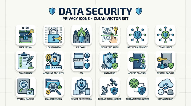 graphic design features various privacy and data security related icons on a clean vector set background.