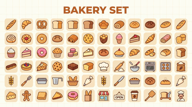 A vibrant icon sheet titled bakery set from 2024 features various illustrations of food items and baking tools