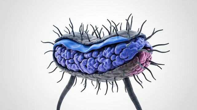 Stylized Blue Bacteria Illustration with Intricate Textures and Filaments Against a Clean White Background