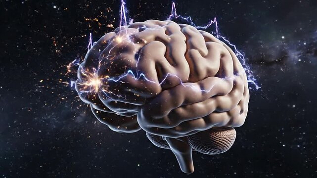 Surreal 3D Brain Visualization Surrounded by Cosmic Elements and Electric Sparks Representing Intelligence and Creativity in a Starry Universe