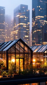 A collection of greenhouses illuminated at night against a backdrop of glowing city skyscrapers