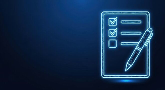 Neon Blue Checklist Task List with Glowing Checkmarks on Dark Digital Background