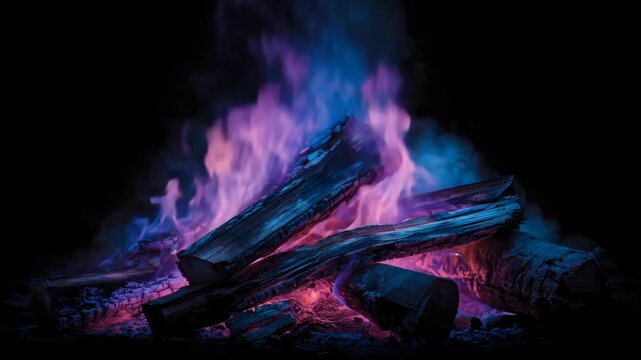 Purple and blue flames burning wooden logs