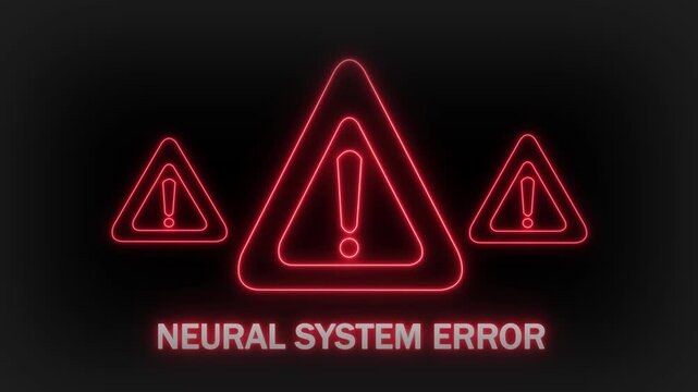 Three bright red neon warning triangles with exclamation marks inside are prominently displayed against a dark background with the text NEURALSYSTEMEROR illuminated beneath them