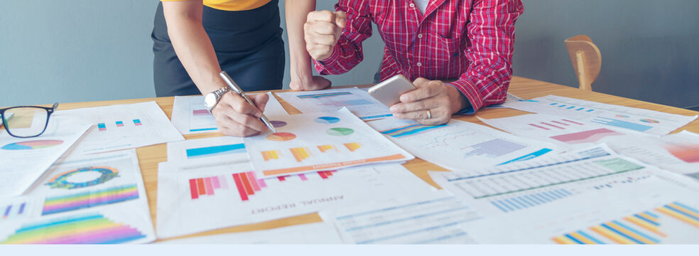 Banner Mission team meeting team BusinessPeople teamwork with copy space. Banner Business strategy team report chart, graph, infographic data analyze financial report plan. Teamwork collaborate