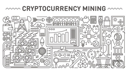 Naklejka premium Cryptocurrency mining concept illustrations with line style icons and objects, crypto currency mining symbols collection, transparent background.