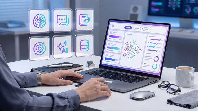 AI specialist using laptop with purple holographic automation icons, modern technology dashboard background for neural networks, generative tools, data processing and workflow
