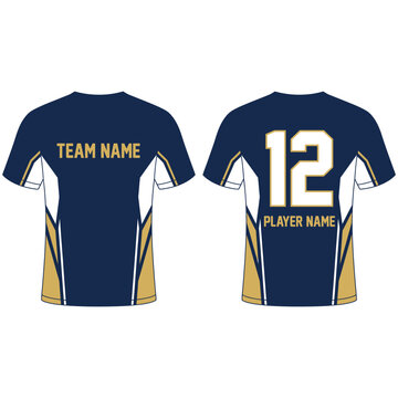 Front and back view of customizable blue and gold sports jersey mockup