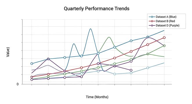 Quarterly performance trends line chart with three datasets in different colors