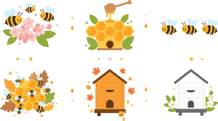 Cute bee and honey vector illustrations with flowers, honeycomb, beehives, autumn leaves, and natural beekeeping concept artwork © Sheikh