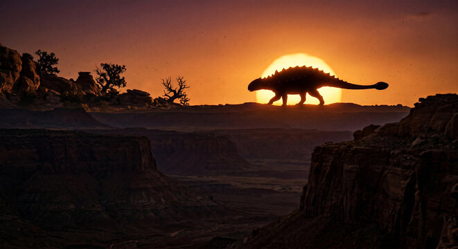 A dramatic silhouette of a Euoplocephalus walking along a distant ridgeline against a fiery orange and purple golden hour sky. 