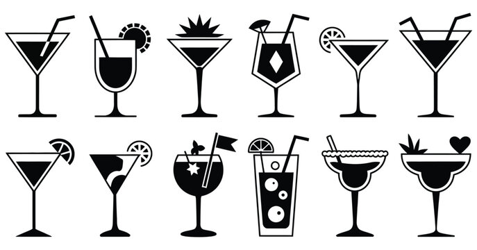 art deco cocktail glasses vector set, gold accented drink illustrations with elegant vintage barware design, luxury beverage icons for menu branding, glamorous gatsby style party collection.