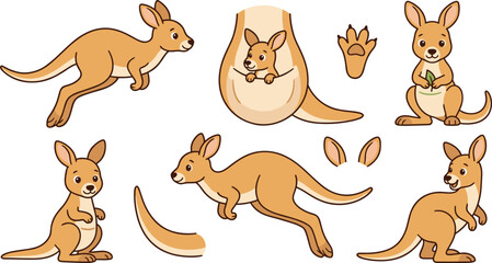 Cute Kangaroo Illustration Set with Jumping, Baby Kangaroo, and Pouch for Wildlife, Animal, and Nature Themes © Sanjida