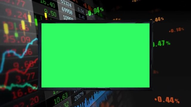 Stock Market Tickers Background with Blank Green Screen Monitor