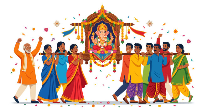A vibrant group of people carrying a festival statue through a colorful celebration with confetti and decorations.