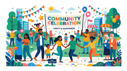 A vibrant community celebration with diverse people dancing and having fun in a colorful park setting with festive decorations and joyful atmosphere