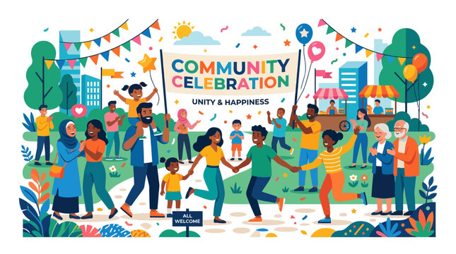A vibrant community celebration with diverse people dancing and having fun in a colorful park setting with festive decorations and joyful atmosphere