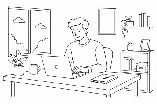 Young man working on laptop in home office line art vector illustration. Freelancer or remote worker sitting at desk, minimalist doodle style for business and technology concepts.