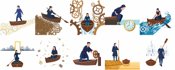 Conceptual Illustrations of Woman Rowing Boat Through Time Gears and Life Metaphors © nada