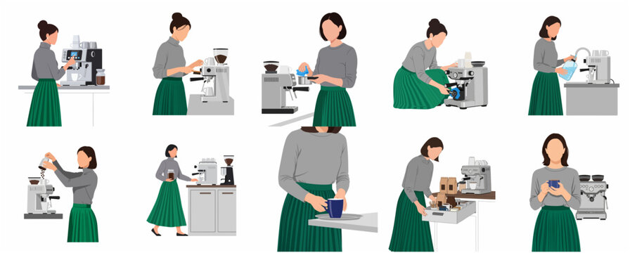 Flat Illustration Set of a Female Barista Preparing Coffee in Various Poses