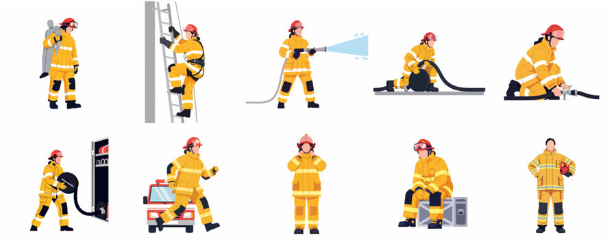Firefighter characters in action and training exercises, first responders in yellow protective suits performing rescue operations, flat vector illustration set