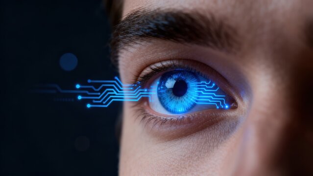 Closeup of human eye with digital circuit overlay