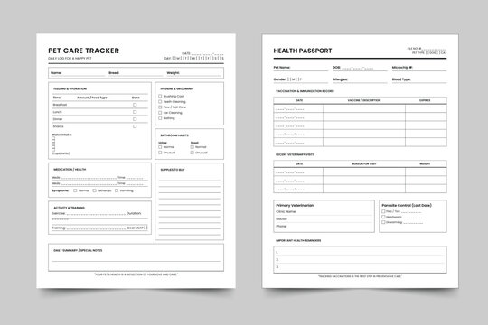 Pet Care Tracker and Health Passport Bundle, Minimalist Dog and Cat Owner Logbook, Pet Sitter Guide and Veterinary Record Information Templates