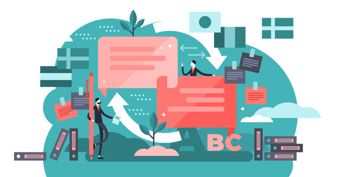 Translate illustration, transparent background. Flat mini persons concept. Language knowledge and talking using dictionary. Multilingual documents and foreign speech education.