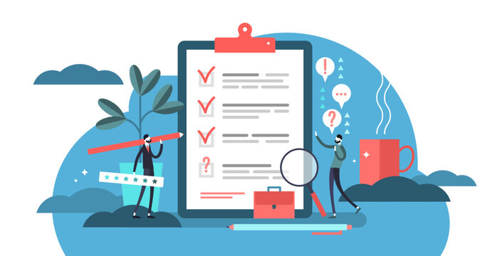Survey illustration, transparent background. Flat mini persons concept with quality test and satisfaction report. Feedback from customers or opinion form. Client answers understanding.