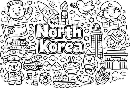 north korea cartoon outline hand drawn Line Art illustration doodle art coloring page for kids