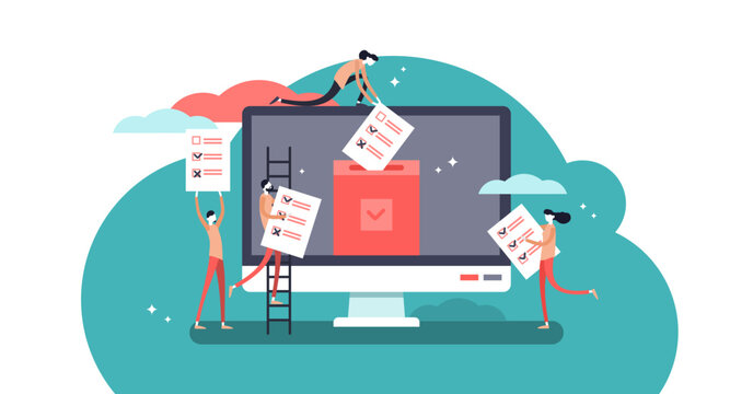 Online voting mini people concept flat illustration with computer screen,voting box and voters making decisions, transparent background.Modern electronic voting system.