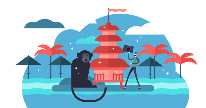 Bali illustration, transparent background. Flat mini tourist person concept in exotic travel destination. Tropical summer in Indonesia with beautiful nature and culture.