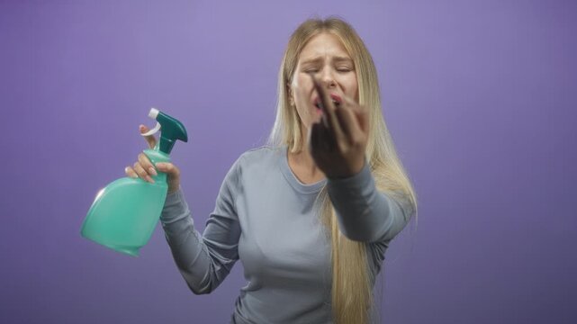 Woman with long blonde hair holding green spray bottle shows middle finger and angry facial expression in studio with purple backdrop; anger defiance.