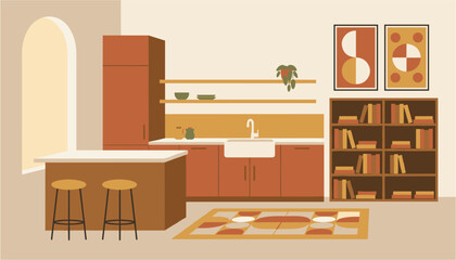 Mid-century modern kitchen with warm earth tones and geometric art above a bookshelf © ABULSTOCK