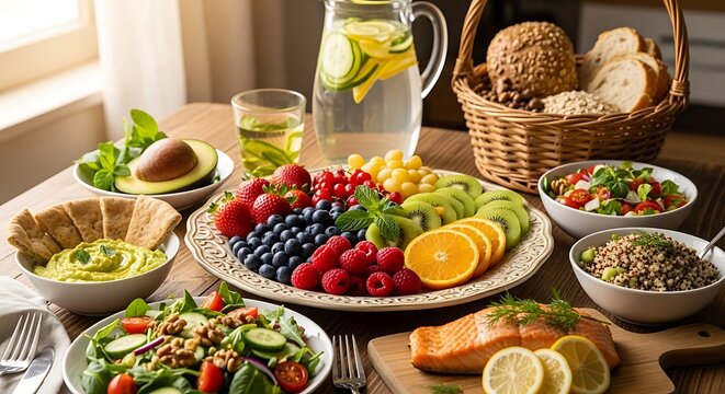 Healthy assorted fruits, vegetables, and breads on a wooden table for a fresh meal
