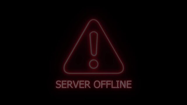 A glowing red neon exclamation mark within a triangular hazard symbol with the text SERVEROFLINE displayed in red neon letters against a black background indicating a network outage or