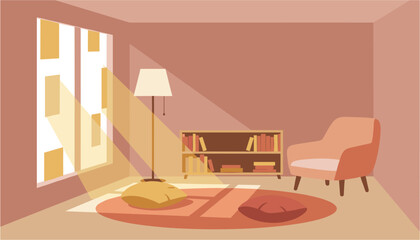 Warm sunlight streams through a window into a cozy living room with a chair and bookshelf © ABULSTOCK