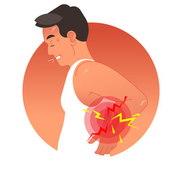 Painful back concept illustration with human torso, transparent background. Pain circles on spine body part. Work overload or sports injury.